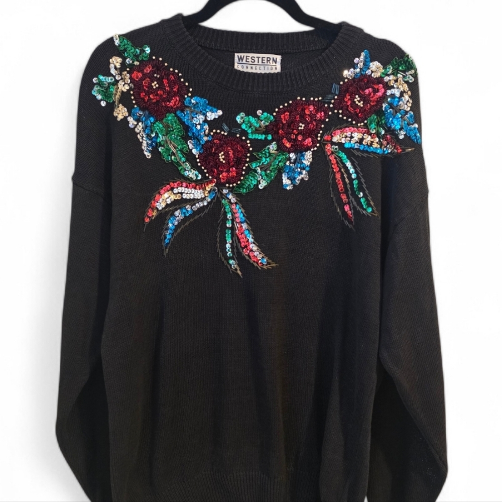 Western Connection Black Sequin Floral Sweater - Picture 2 of 11